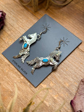 Load image into Gallery viewer, The Trouble – Sterling Silver Horse Earrings with Kingman Turquoise – Native Made by L.Y.