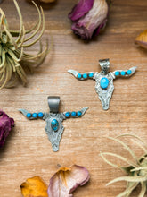 Load image into Gallery viewer, Sterling Silver Longhorn Pendant with Golden Hill Turquoise – Native Made by Leroy James (Navajo Artist)