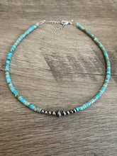 Load image into Gallery viewer, Sterling Silver Pearls and Variscite turquoise Choker - 14 inches